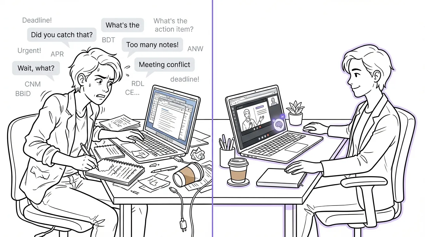 Split-screen illustration comparing two meeting scenarios: left side shows stressed student frantically taking notes with scattered papers and missed information; right side shows same student relaxed and engaged with AI assistant quietly recording in corner