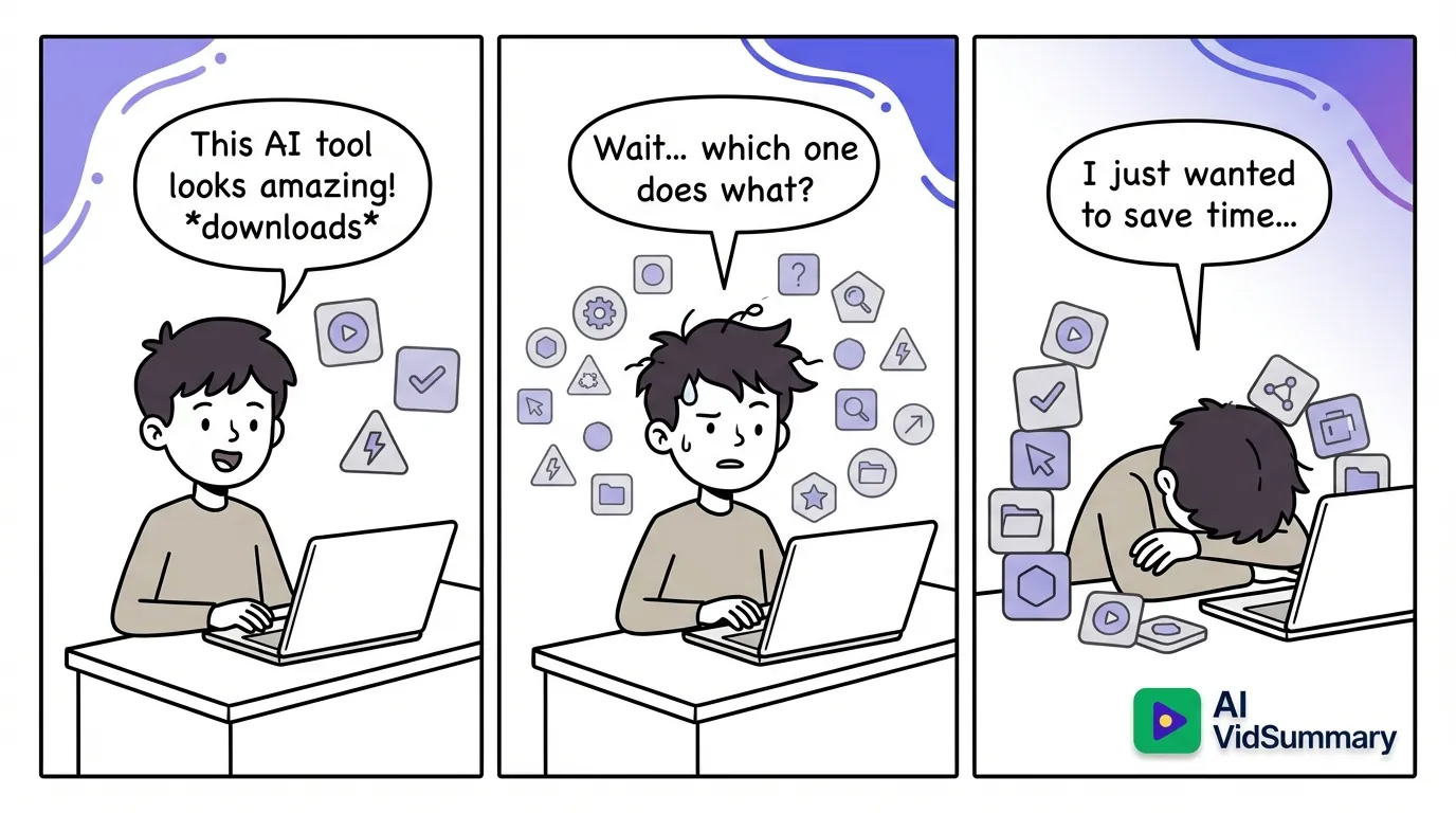 Three-panel comic strip showing a student's journey with AI tools: first excited while downloading, then confused surrounded by many app icons, finally overwhelmed and defeated at their desk