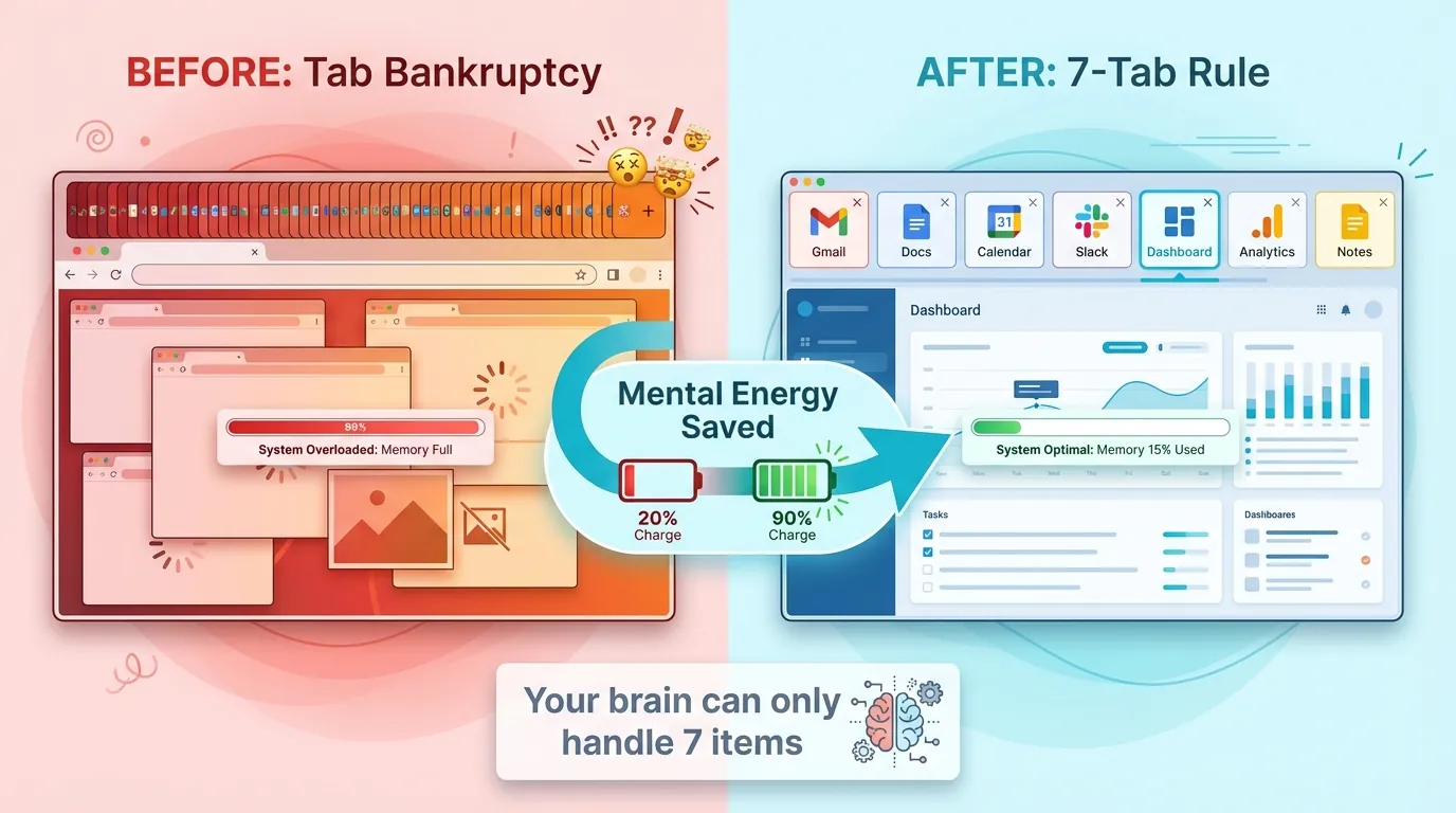 Split-screen comparison showing a cluttered browser with 47+ tiny illegible tabs in red tones on the left labeled 'Before: Tab Bankruptcy', and a clean organized browser with exactly 7 clearly visible tabs in blue tones on the right labeled 'After: 7-Tab Rule', connected by a curved arrow labeled 'Mental Energy Saved', with text at bottom reading 'Your brain can only handle 7 items'