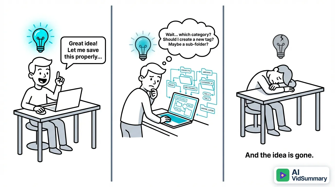 Three-panel comic strip showing a person at a desk: first excited with a glowing lightbulb idea, then confused by complex folder organization, finally slumped in defeat with the lightbulb dark, illustrating how organizational friction kills creativity