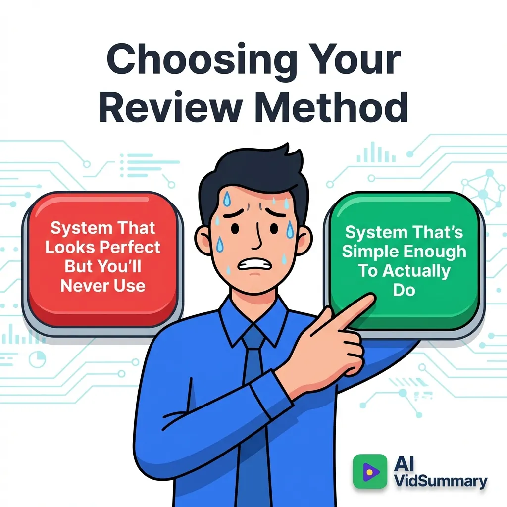 Illustration of sweating person choosing between two buttons labeled 'System That Looks Perfect But You'll Never Use' in red and 'System That's Simple Enough To Actually Do' in green, with hand reaching toward the green button