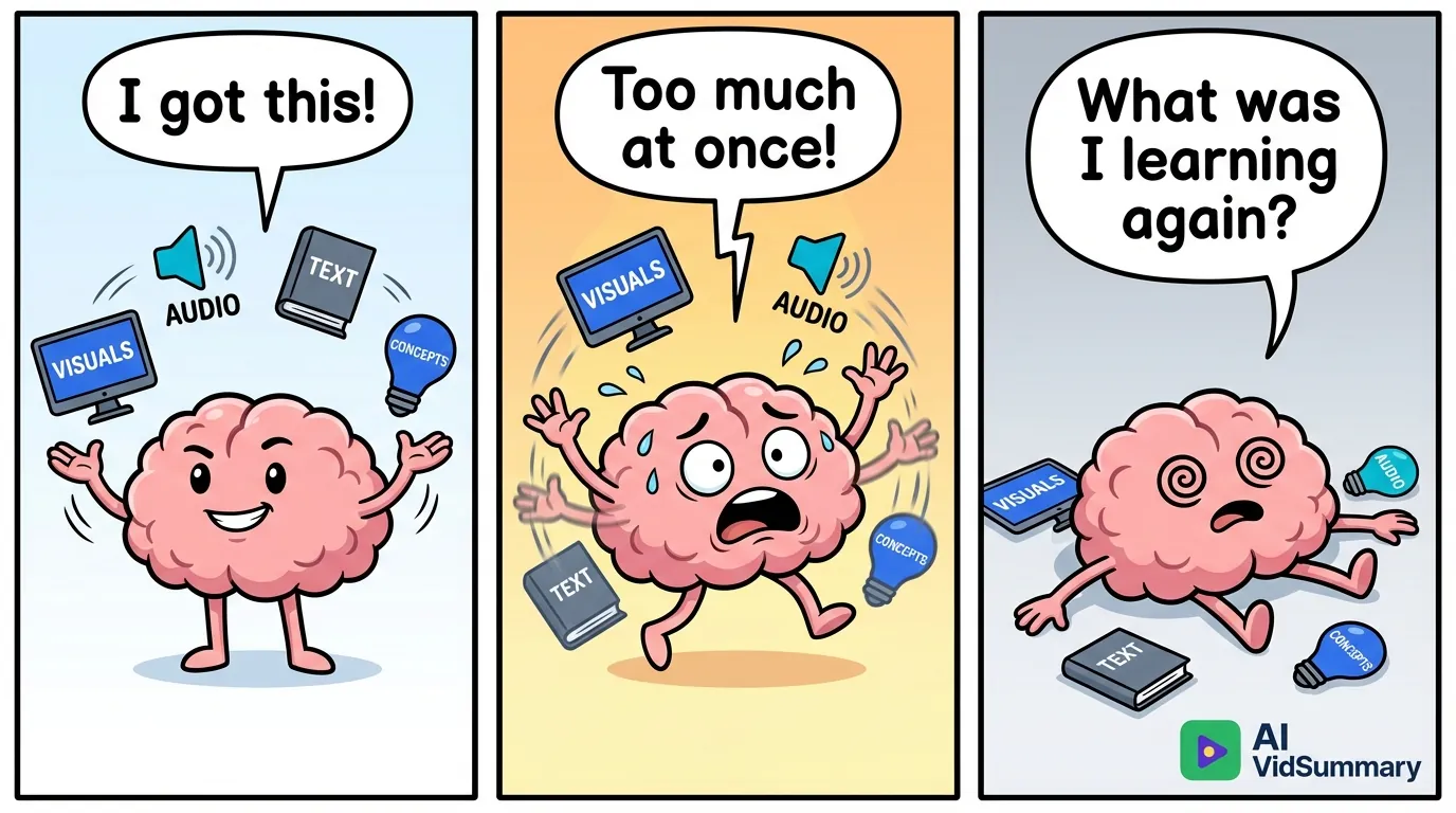 Three-panel comic strip showing an anthropomorphic pink brain character experiencing cognitive overload: first confidently juggling items labeled Visuals, Audio, Text, and Concepts; then struggling and sweating as items fall; finally collapsed on ground surrounded by scattered items asking 'What was I learning again?' in clean cartoon style with blue and cyan accents