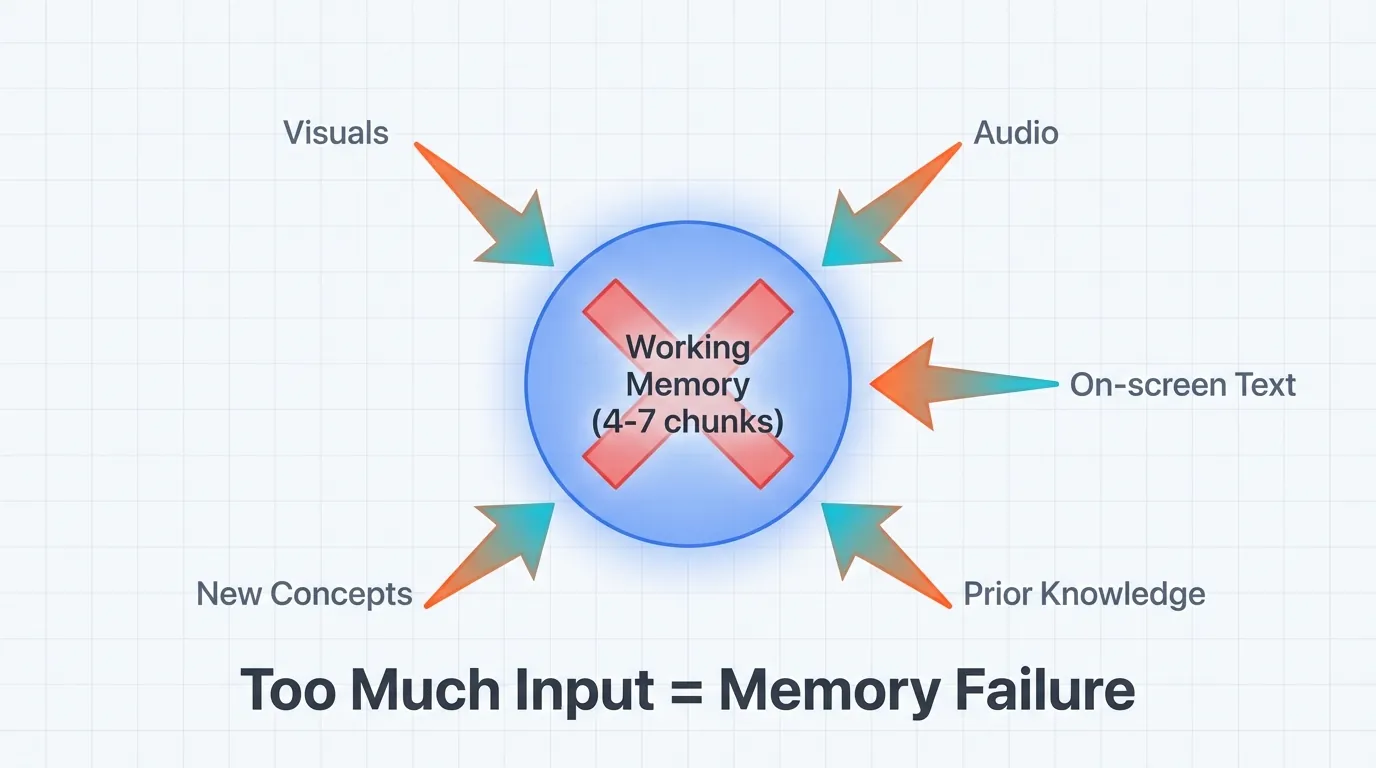 Educational diagram showing working memory at center with five arrows labeled Visuals, Audio, On-screen Text, Prior Knowledge, and New Concepts pointing inward, overlaid with red X symbol indicating overload, with caption Too Much Input equals Memory Failure