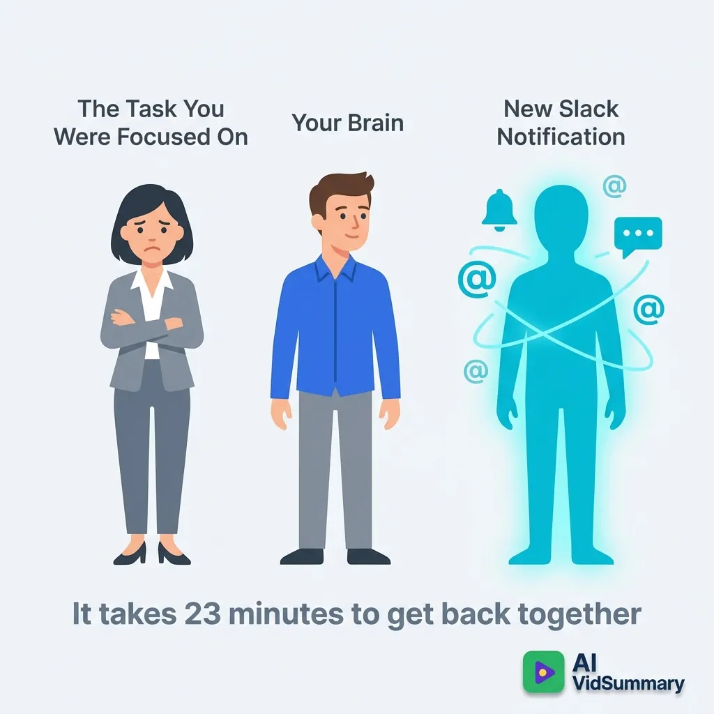 Flat illustration meme showing three characters: disappointed woman labeled 'The Task You Were Focused On', distracted man in blue shirt labeled 'Your Brain' looking away at glowing figure labeled 'New Slack Notification', with caption 'It takes 23 minutes to get back together'