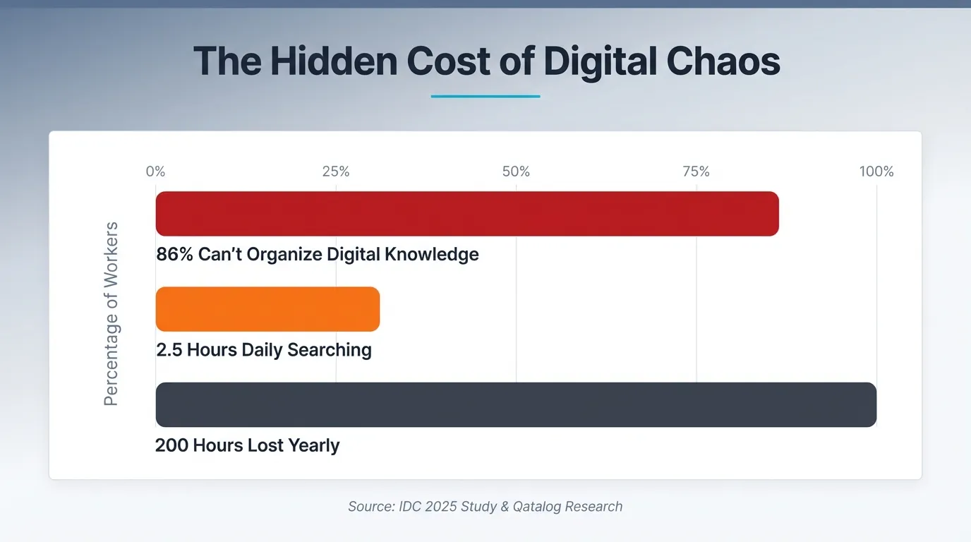 Bar chart showing digital workplace statistics with three bars: 86% of workers can't organize digital knowledge in deep red, 2.5 hours daily searching in orange, and 200 hours lost yearly in dark gray, with title 'The Hidden Cost of Digital Chaos' and source citation from IDC 2025 Study
