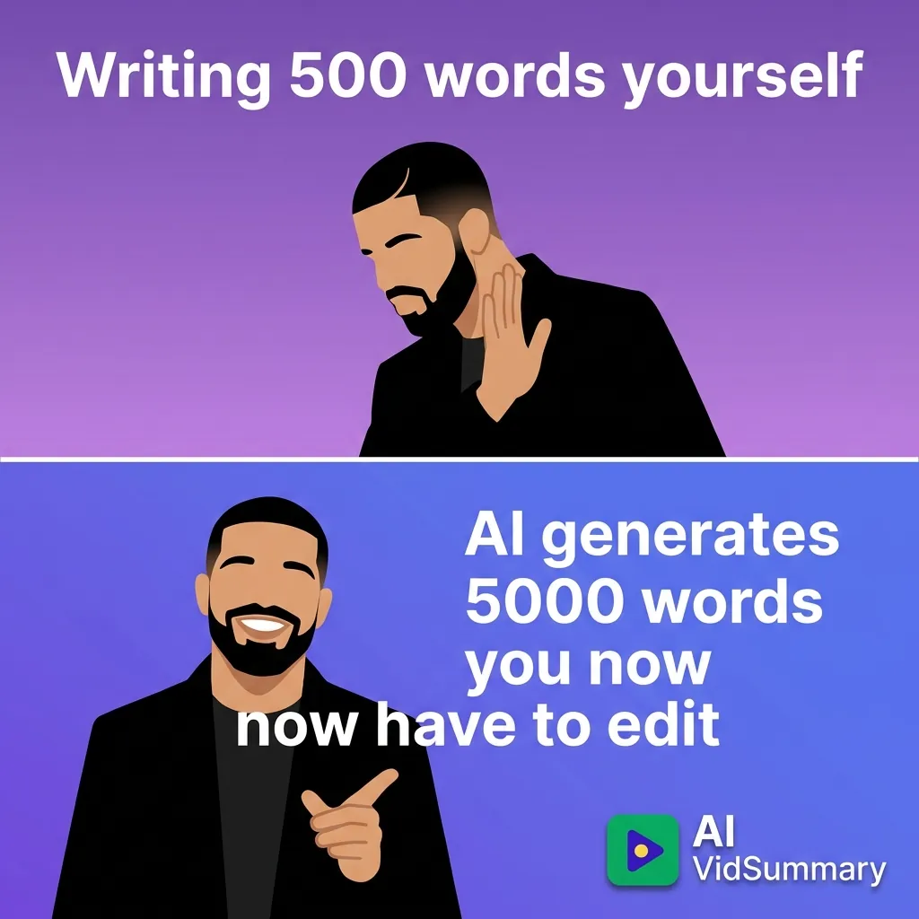 Drake meme format illustration showing two panels: top panel with Drake disapproving of 'Writing 500 words yourself', bottom panel with Drake approving of 'AI generates 5000 words you now have to edit', using purple and indigo brand colors in flat design style