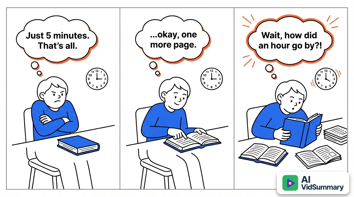 Three-panel comic strip illustrating the five-minute rule for studying: Panel 1 shows reluctant student with closed book thinking 'Just 5 minutes', Panel 2 shows student beginning to engage with open book, Panel 3 shows fully absorbed student surrounded by books realizing an hour has passed