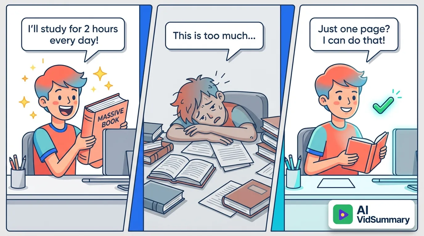Three-panel comic strip showing habit formation journey: enthusiastic person with thick textbook, overwhelmed person surrounded by scattered books, and happy person reading single page with checkmark, illustrated in clean modern style with warm orange and blue colors