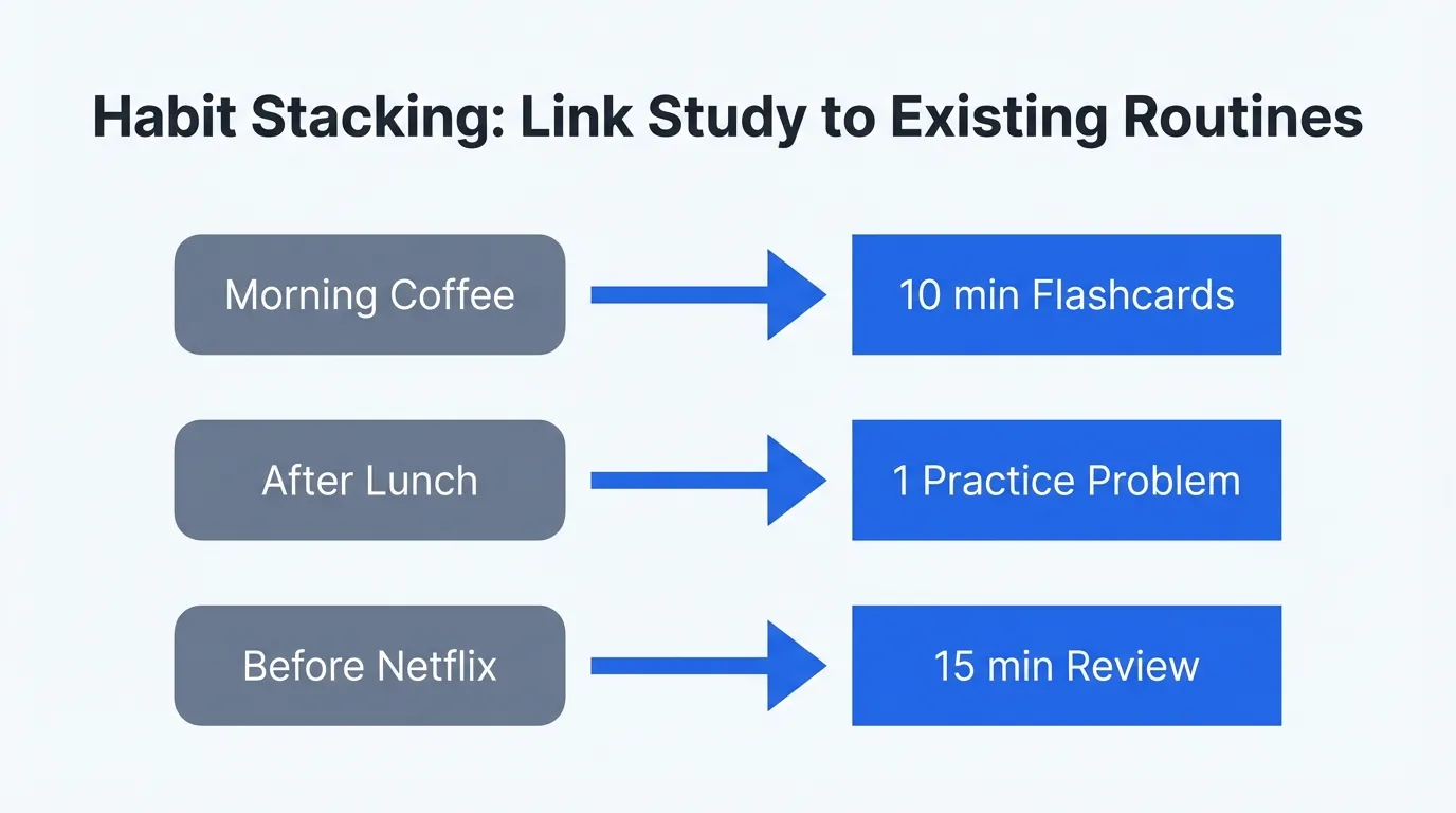 Flowchart diagram showing three habit stacking examples: morning coffee linked to flashcard study, after lunch linked to practice problems, and before Netflix linked to review sessions. Gray rounded boxes represent existing habits connected by blue arrows to blue rectangular boxes representing new study tasks.
