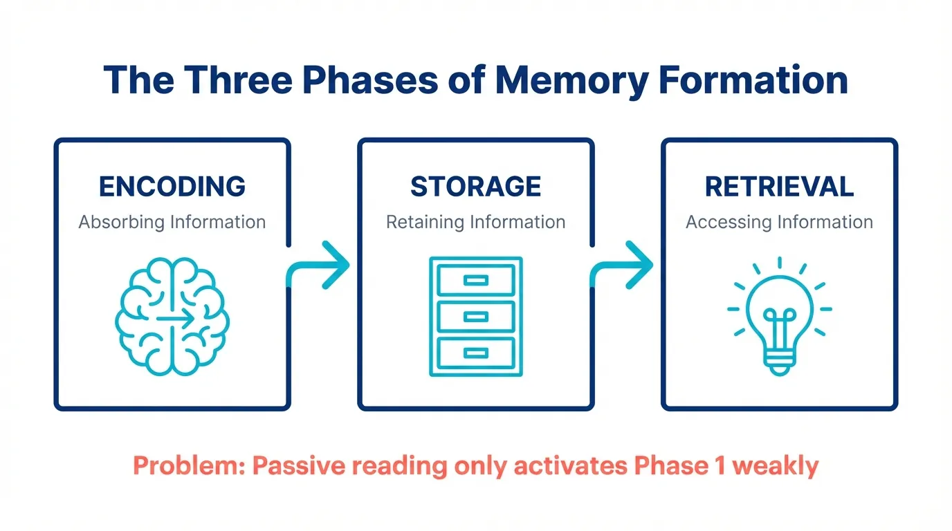 Educational diagram showing three connected boxes labeled Encoding, Storage, and Retrieval with icons representing the three phases of memory formation, connected by arrows in a left-to-right flow