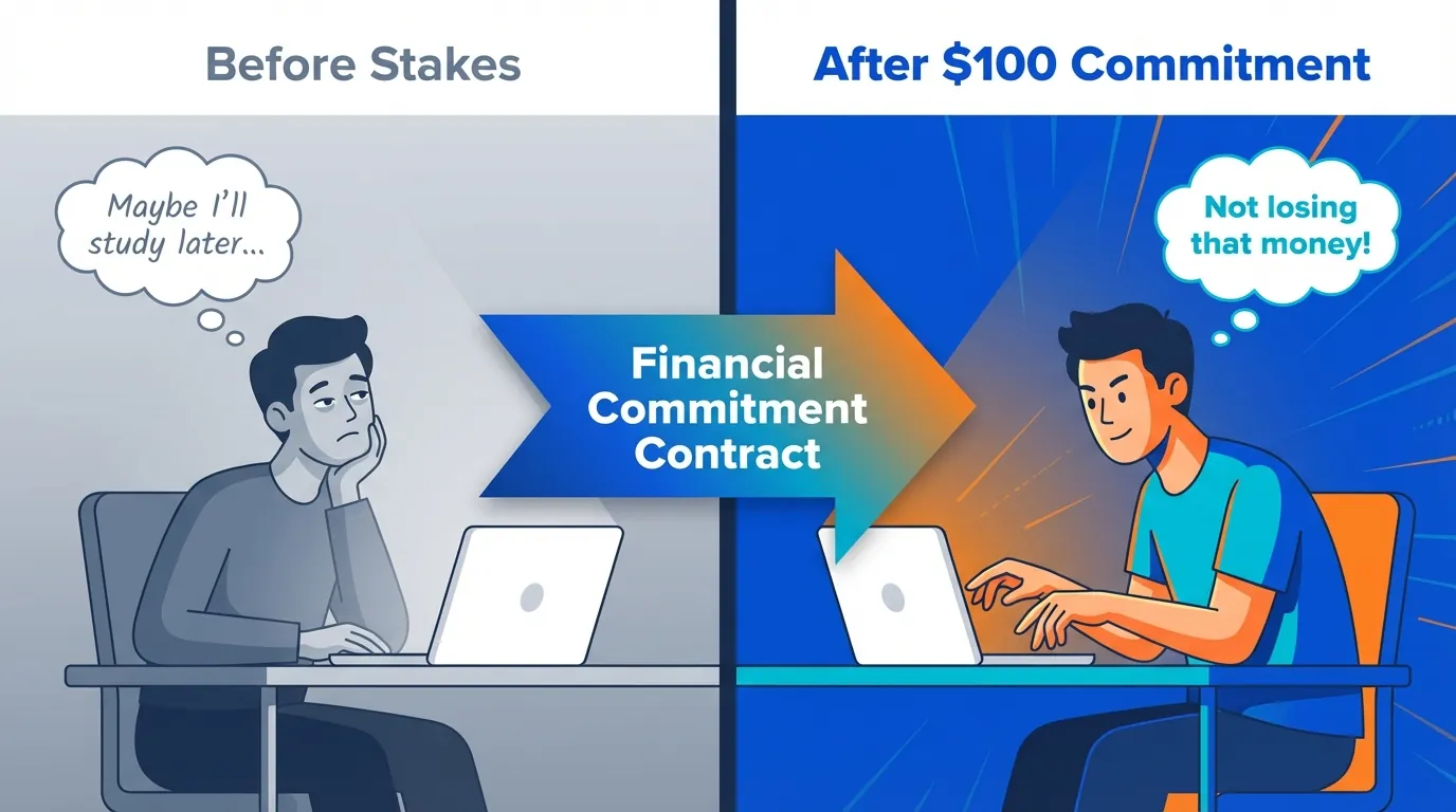 Side-by-side illustration comparing motivation levels: left side shows distracted person at laptop with thought bubble saying 'Maybe I'll study later' in muted colors; right side shows same person focused and engaged with thought bubble saying 'Not losing that money' in vibrant blue and orange; arrow between labeled 'Financial Commitment Contract'