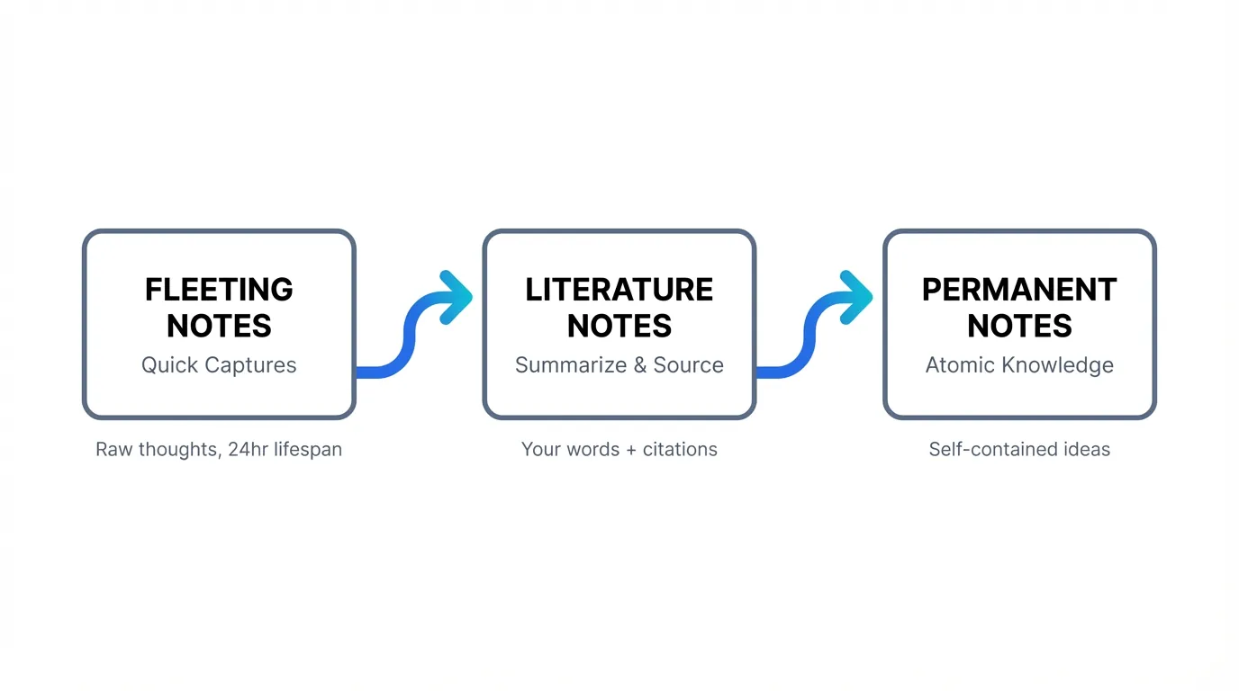 Educational flowchart diagram showing three-stage note processing system with blue arrows connecting boxes labeled Fleeting Notes, Literature Notes, and Permanent Notes, with descriptive subtitles and explanatory text below each stage
