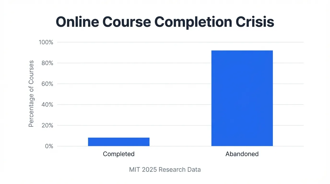 Bar chart showing online course completion statistics with two blue bars on white background with gridlines. Left bar labeled 'Completed' shows 8%, right bar labeled 'Abandoned' shows 92%. Title reads 'Online Course Completion Crisis' with subtitle 'MIT 2025 Research Data'