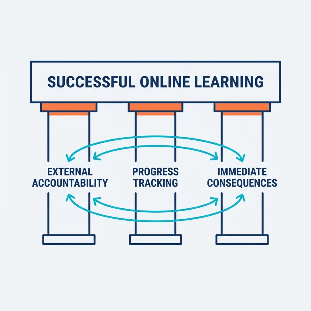 Minimalist architectural diagram showing three vertical pillars labeled External Accountability, Progress Tracking, and Immediate Consequences supporting a horizontal platform labeled Successful Online Learning, with curved arrows connecting the pillars to show interdependence