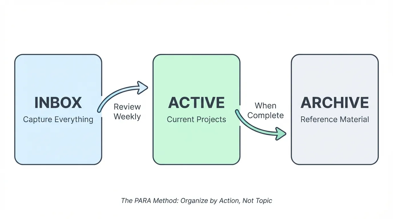 Simple flowchart diagram showing three connected boxes labeled Inbox, Active, and Archive, illustrating the PARA Method personal knowledge management system with arrows showing workflow from capture to archive