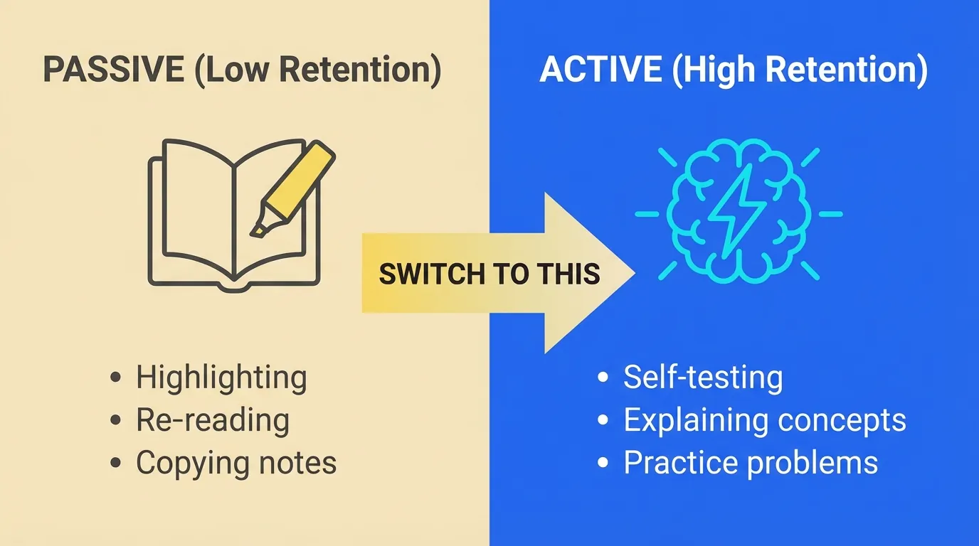 Side-by-side educational infographic comparing passive and active learning methods. Left side shows passive learning in muted yellow with highlighter icon and methods like highlighting and re-reading. Right side shows active learning in vibrant blue with brain-lightning icon and methods like self-testing and practice problems. Large arrow points from left to right with text 'SWITCH TO THIS'.