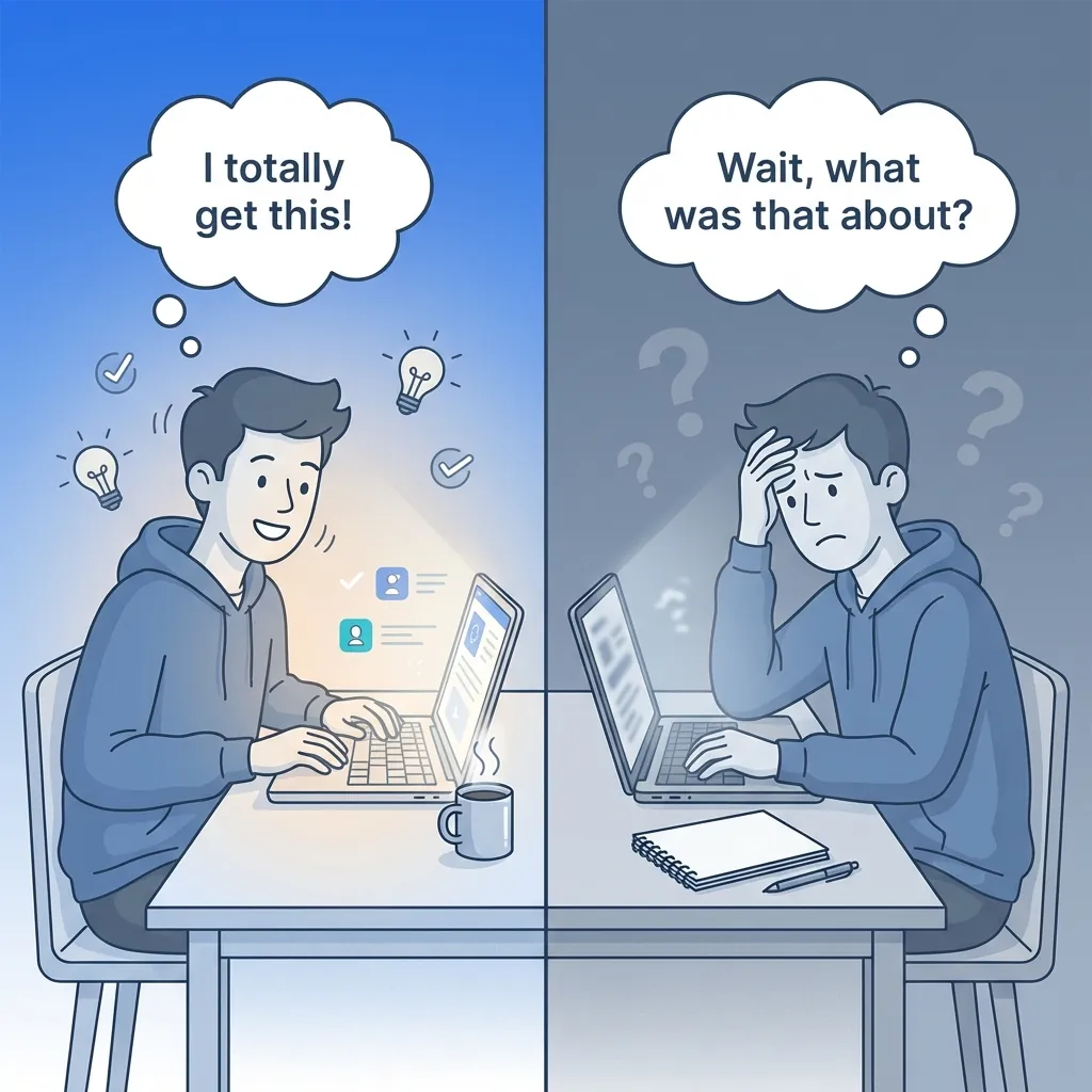 Split-screen line art illustration showing a college student nodding confidently while watching a laptop on the left with thought bubble saying 'I totally get this', contrasted with the same confused student a week later staring at a blank notebook on the right with thought bubble saying 'Wait, what was that about', rendered in muted blue and gray tones