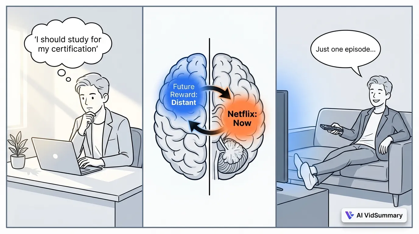 Three-panel comic strip showing procrastination decision-making: person thinking about studying, brain diagram showing prefrontal cortex versus reward center conflict, and person choosing to watch TV instead