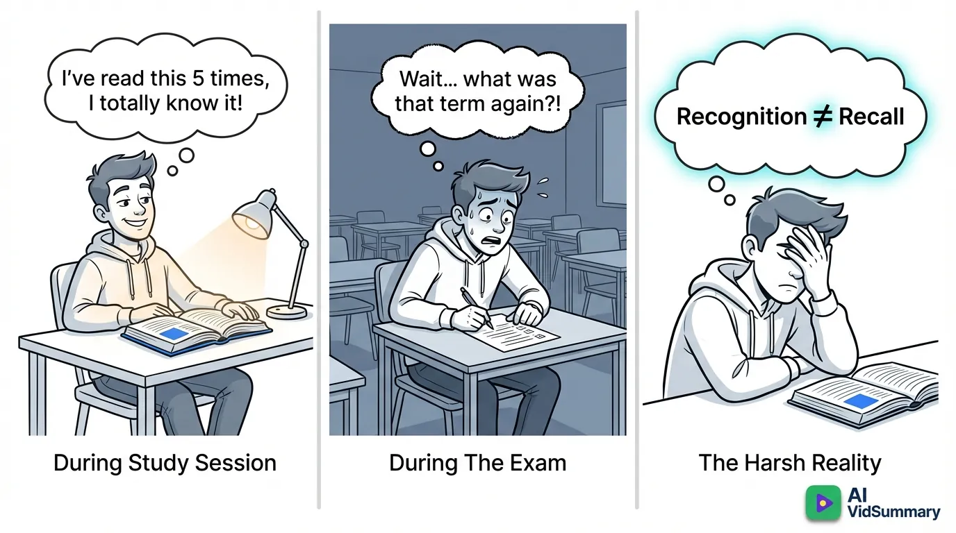 Three-panel educational comic strip showing a student's journey from confident studying to exam panic to realization. Panel 1 shows student confidently reading textbook with thought bubble 'I've read this 5 times, I totally know it!' Panel 2 shows same student panicking during exam with thought bubble 'Wait... what was that term again?!' Panel 3 shows student facepalming with realization thought bubble 'Recognition ≠ Recall'. Clean line art style with blue and orange color scheme on white background.