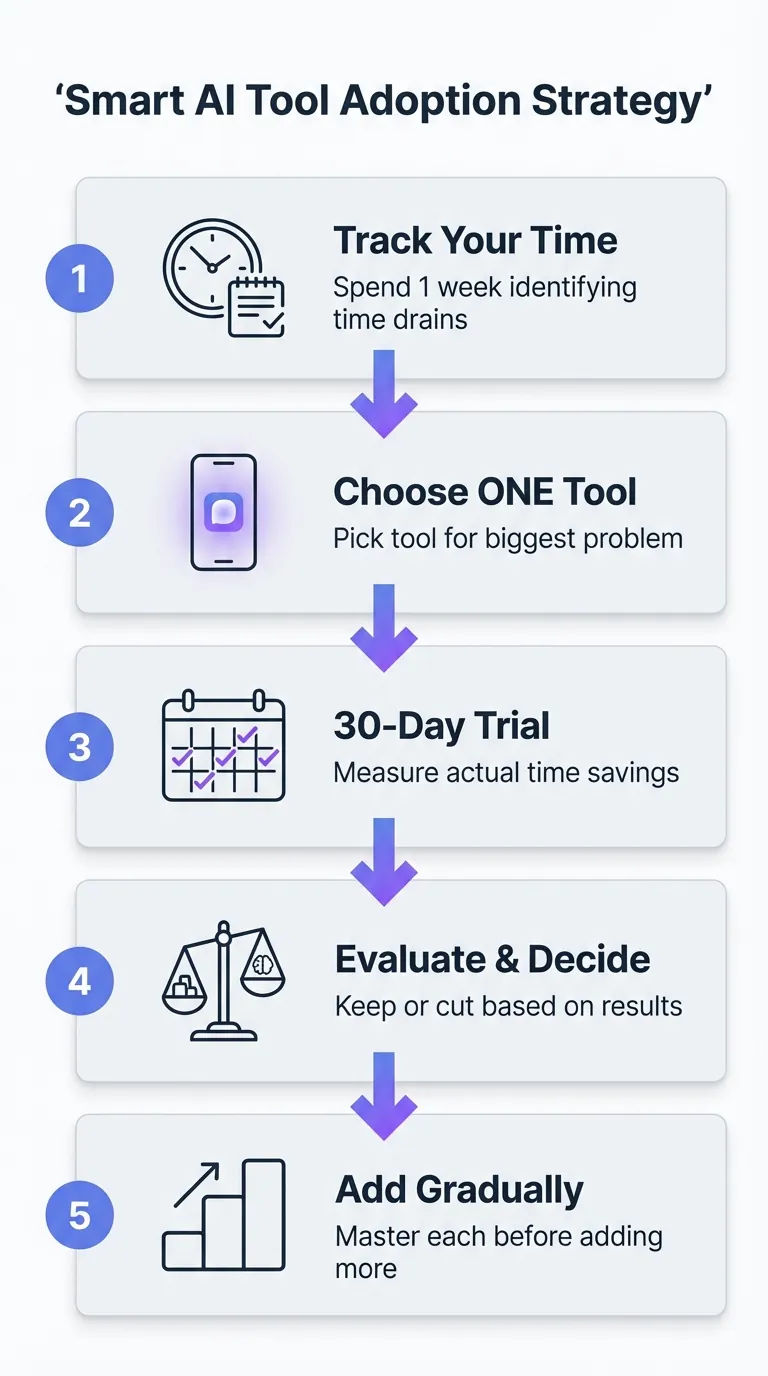 Vertical infographic showing 5-step AI tool adoption strategy with numbered icons, clean typography, and purple color scheme. Steps progress from tracking time to gradual tool addition, connected by downward arrows.