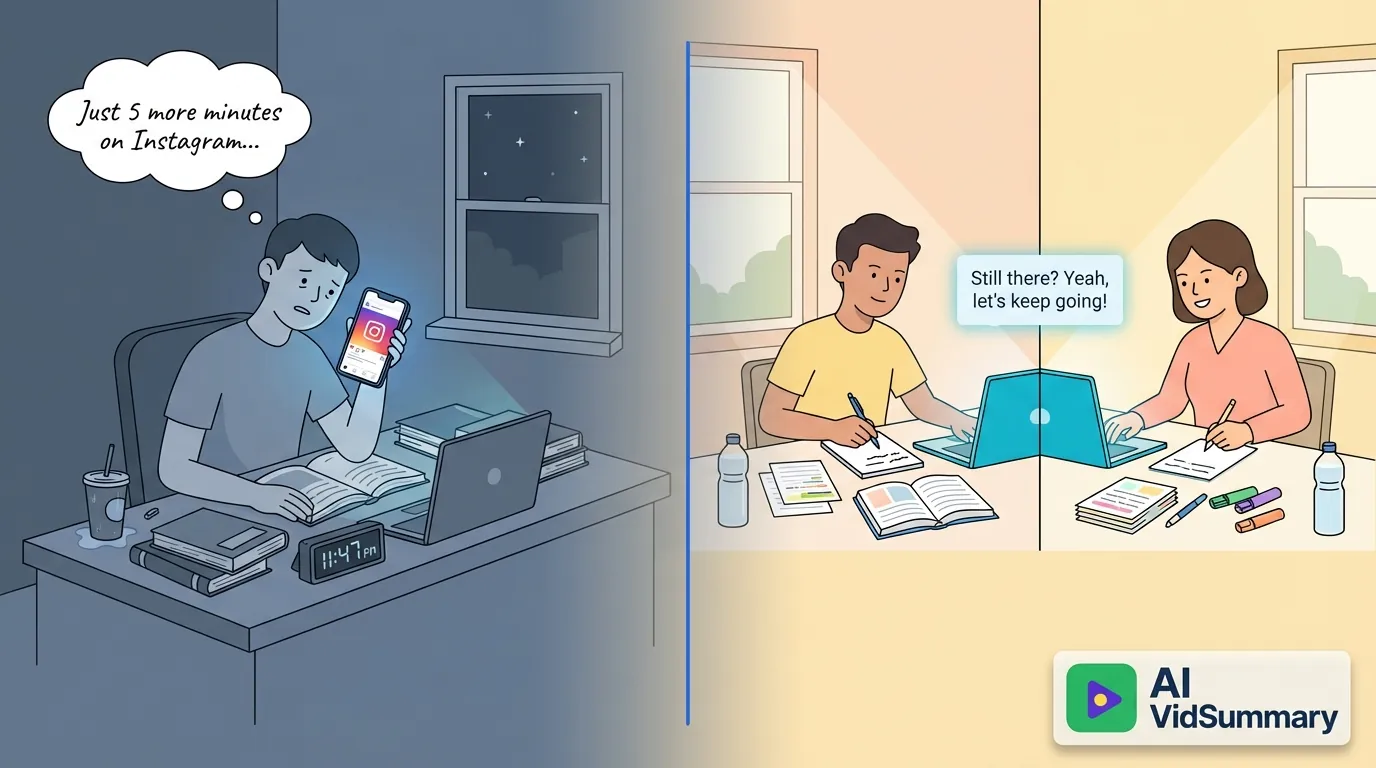 Split-panel illustration comparing solo studying and group accountability: left side shows distracted student alone with phone in dim lighting, right side shows two students studying together on video call in bright, warm lighting