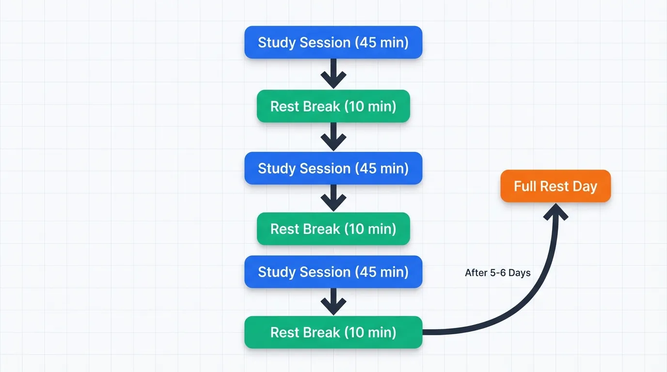 Minimalist flowchart diagram showing a student burnout prevention cycle with blue boxes for 45-minute study sessions, green boxes for 10-minute rest breaks arranged vertically, and an orange box on the right indicating a full rest day after 5-6 days, connected by bold arrows on white background