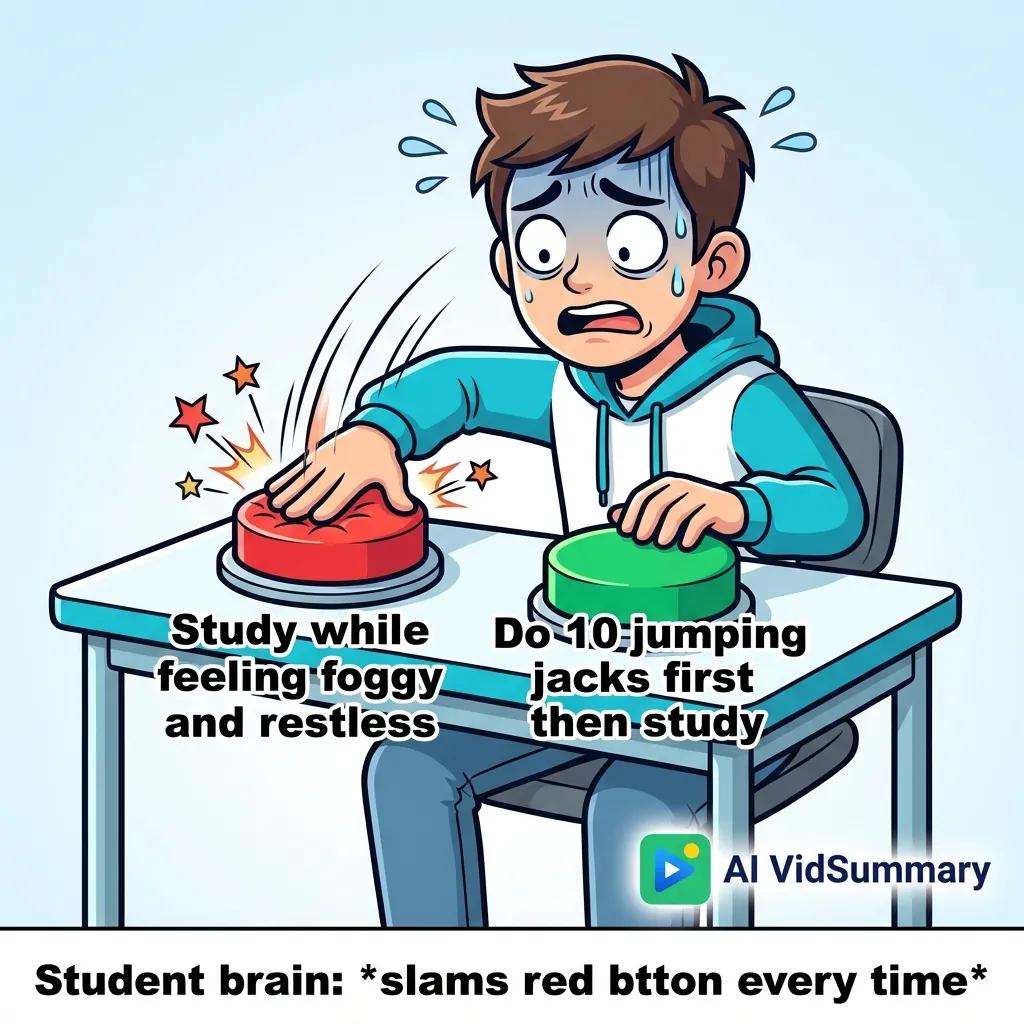 Cartoon meme showing stressed student character sweating while hovering hands over two large buttons on desk - a red button labeled 'Study while feeling foggy and restless' and a green button labeled 'Do 10 jumping jacks first then study' - with the student's hand slamming the red button. Bottom caption reads 'Student brain: slams red button every time'