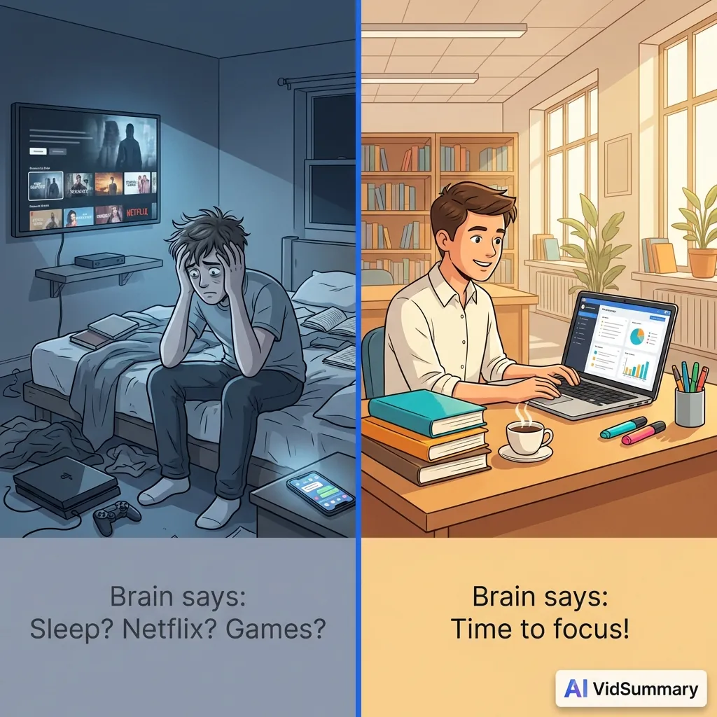 Split-screen illustration comparing distracted student in messy bedroom surrounded by TV and gaming console on left, with focused student in organized library with study materials on right, showing transformation from distraction to productivity