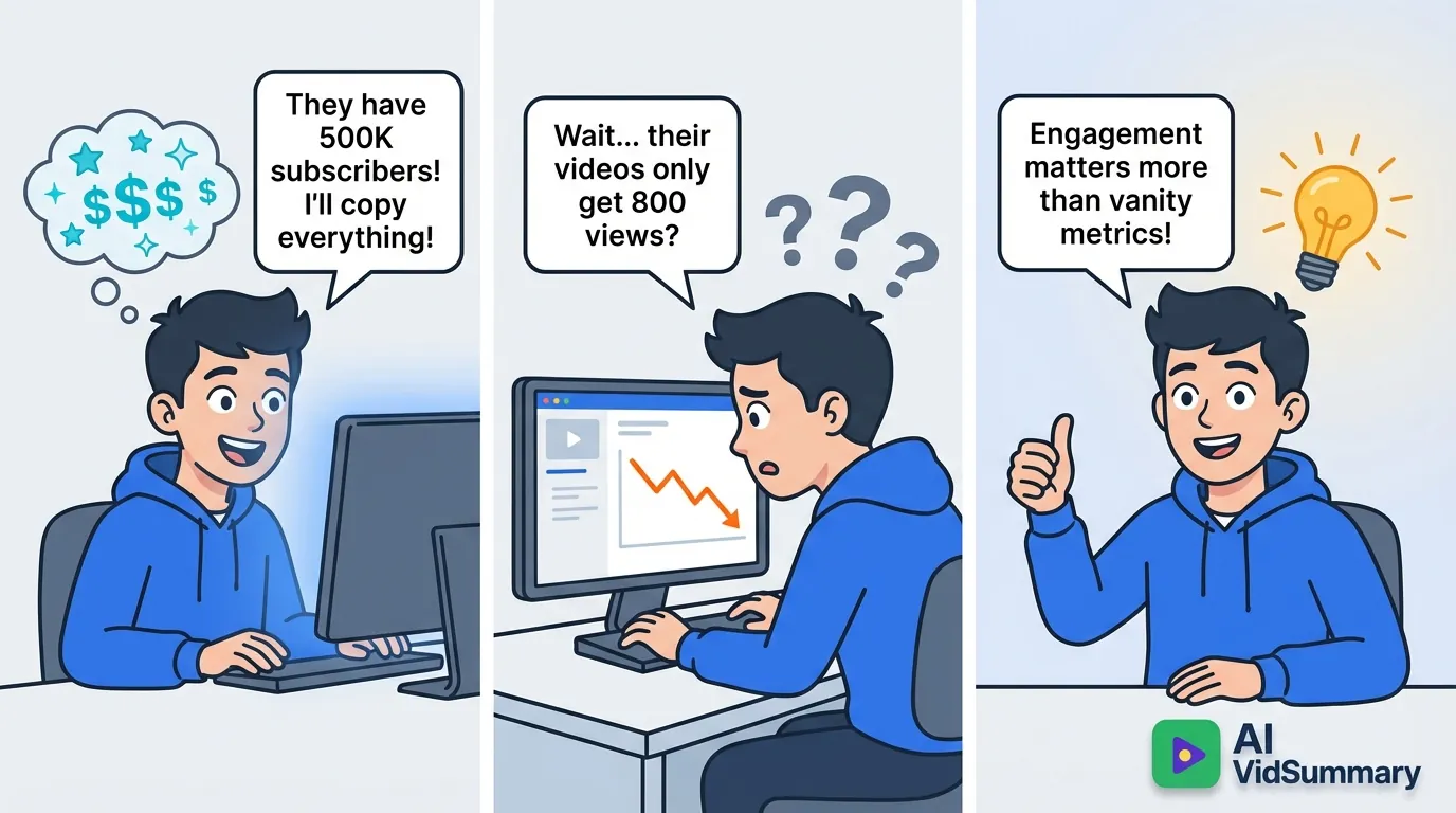 Three-panel educational comic strip showing content creator's journey from obsessing over competitor's 500K subscribers to realizing engagement matters more than vanity metrics, illustrated in clean blue and orange style
