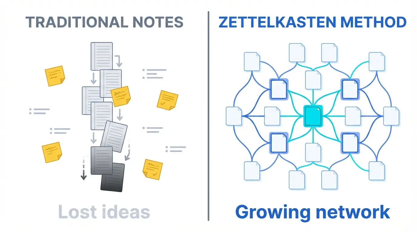 Split-screen illustration comparing traditional linear note-taking on the left showing disconnected pages and scattered sticky notes fading into darkness, versus the Zettelkasten method on the right displaying an organized network of interconnected note cards with a central hub and radiating connections in blue tones