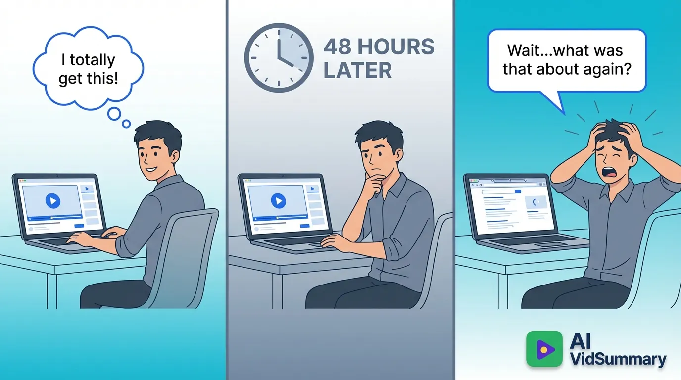 Three-panel comic strip showing a person's declining comprehension of video content: first panel shows confident learning, middle panel shows confusion 48 hours later, final panel shows frustration trying to recall information. Modern illustration style in blue and gray tones with AI VidSummary logo.
