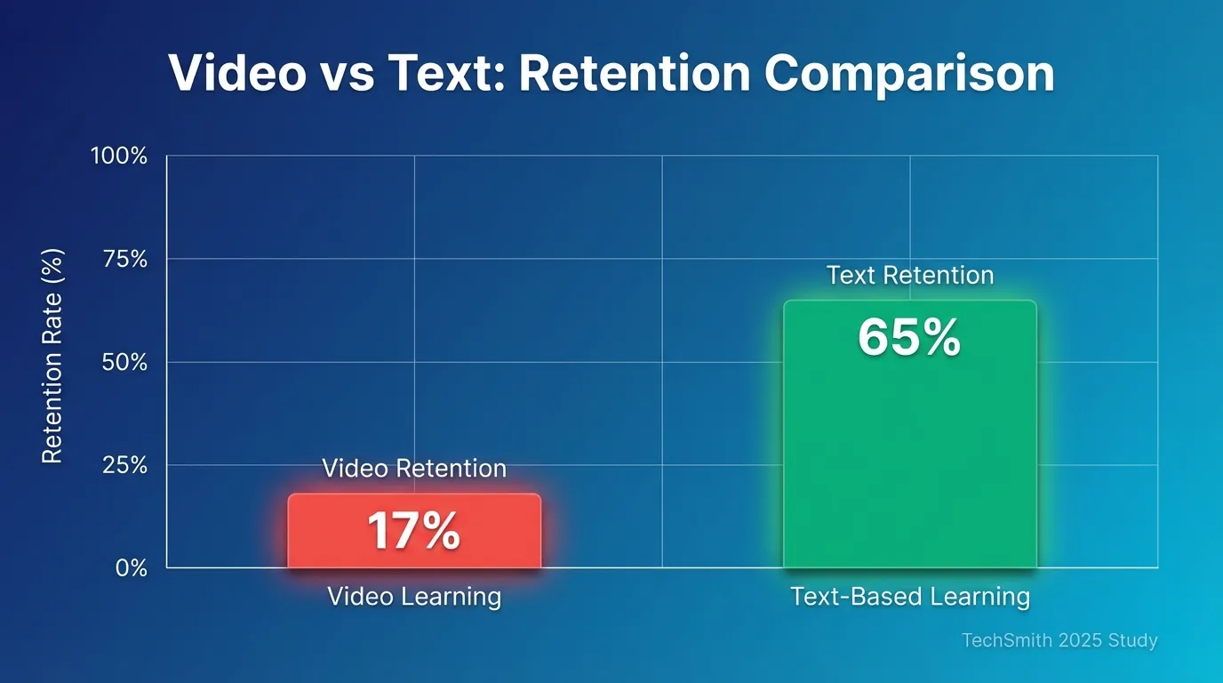 Bar chart comparing learning retention rates between video and text-based learning, showing text retention at 65% (green bar) versus video retention at 17% (red bar), with clean grid layout on blue gradient background