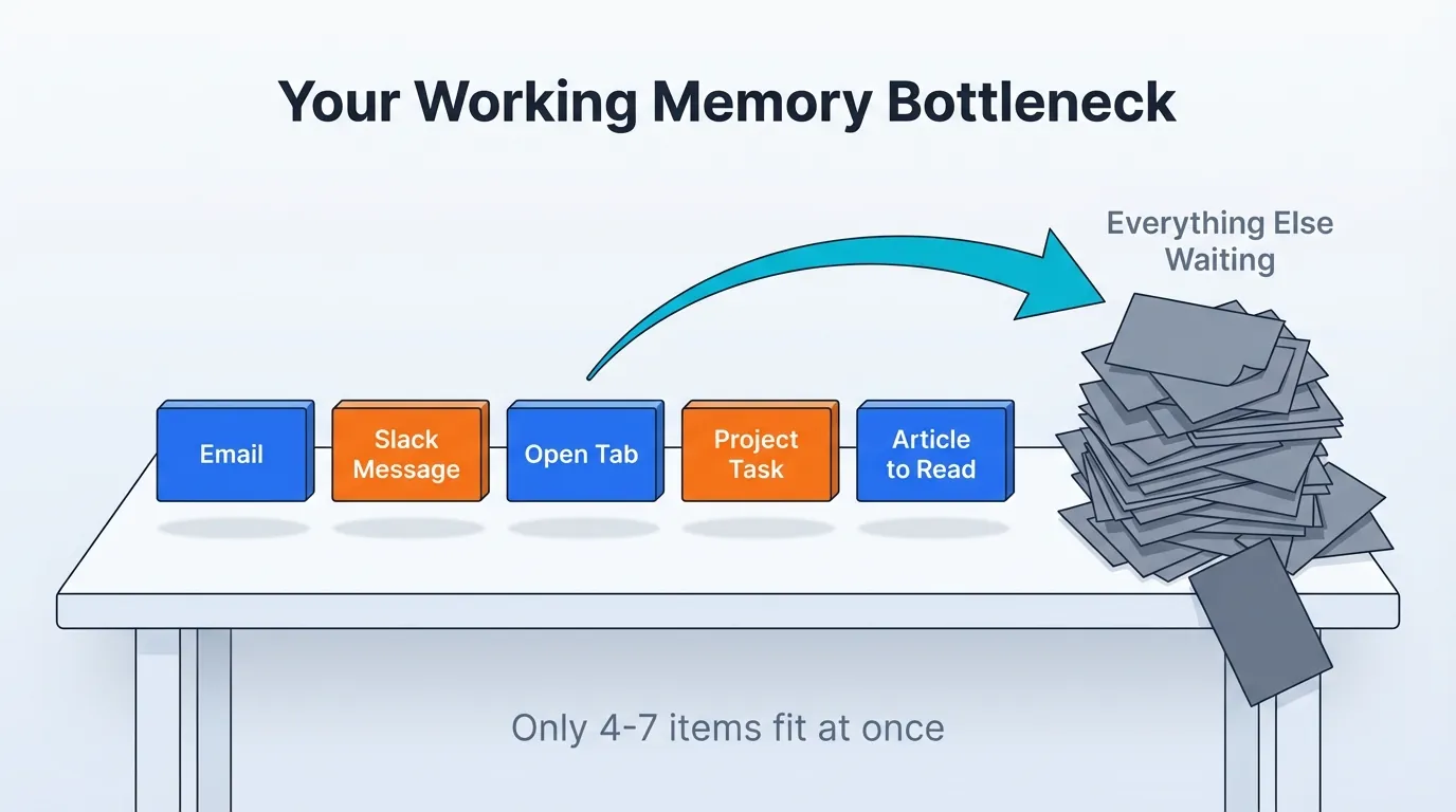 Educational diagram showing a minimalist desk with five organized index cards labeled with digital tasks (Email, Slack Message, Open Tab, Project Task, Article to Read) in blue and orange colors, with an arrow pointing to an overflowing stack of gray cards representing cognitive overload, illustrating the 4-7 item working memory limitation