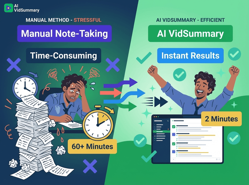 Flat design illustration showing dynamic comparison between AI VidSummary and manual note-taking