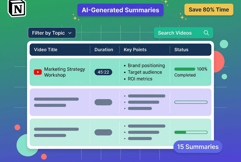 Flat design vector illustration of a conceptual Notion-inspired database view displaying video summaries