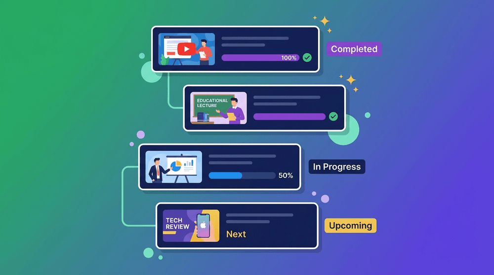 Flat design conceptual illustration of a modern playlist queue dashboard (NOT literal UI mockup)