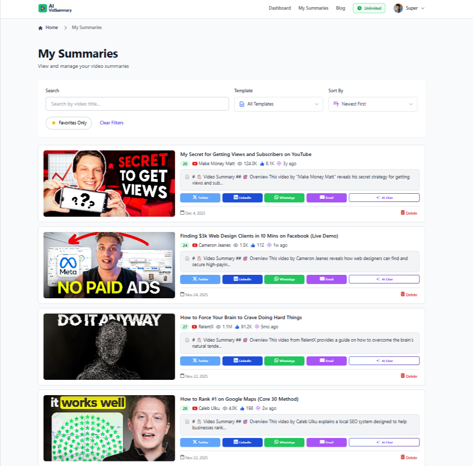 Web App - My Summaries