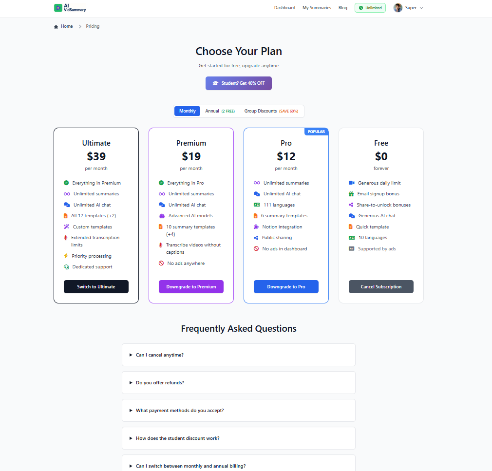 Web App - Pricing Page
