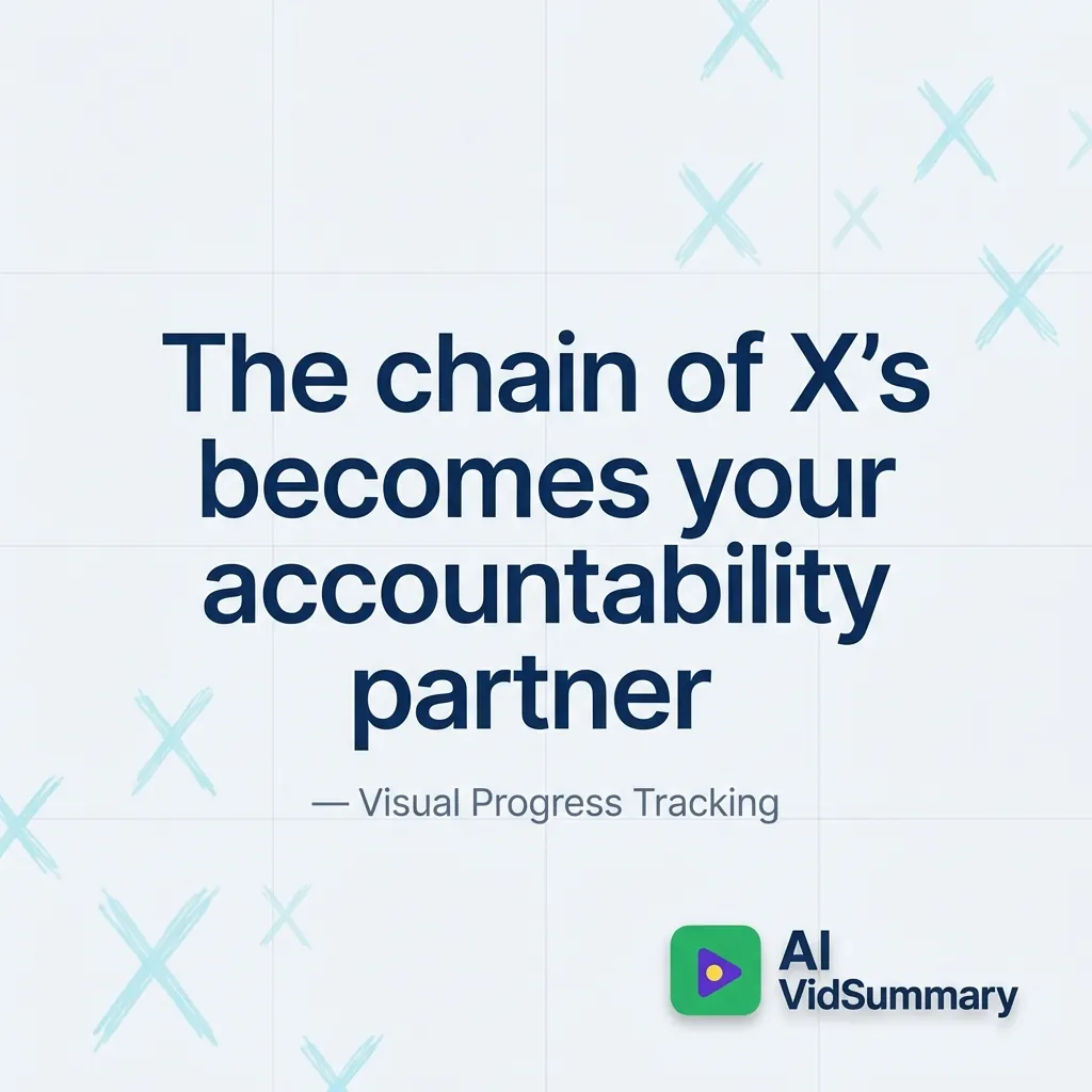Minimalist quote card with navy blue text on white background reading 'The chain of X's becomes your accountability partner' with attribution to Visual Progress Tracking, featuring subtle grid pattern with faded X marks and AI VidSummary logo in corner