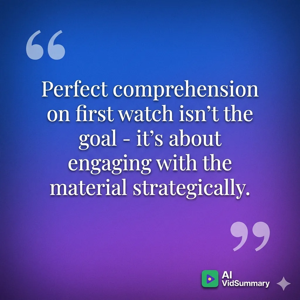 Inspirational quote card with white serif text on blue-to-purple gradient background reading 'Perfect comprehension on first watch isn't the goal - it's about engaging with the material strategically' with decorative quotation marks and AI VidSummary logo in bottom-right corner