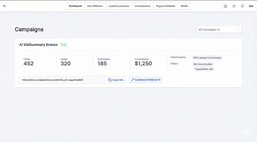 AI Vid Summary Affiliate Dashboard