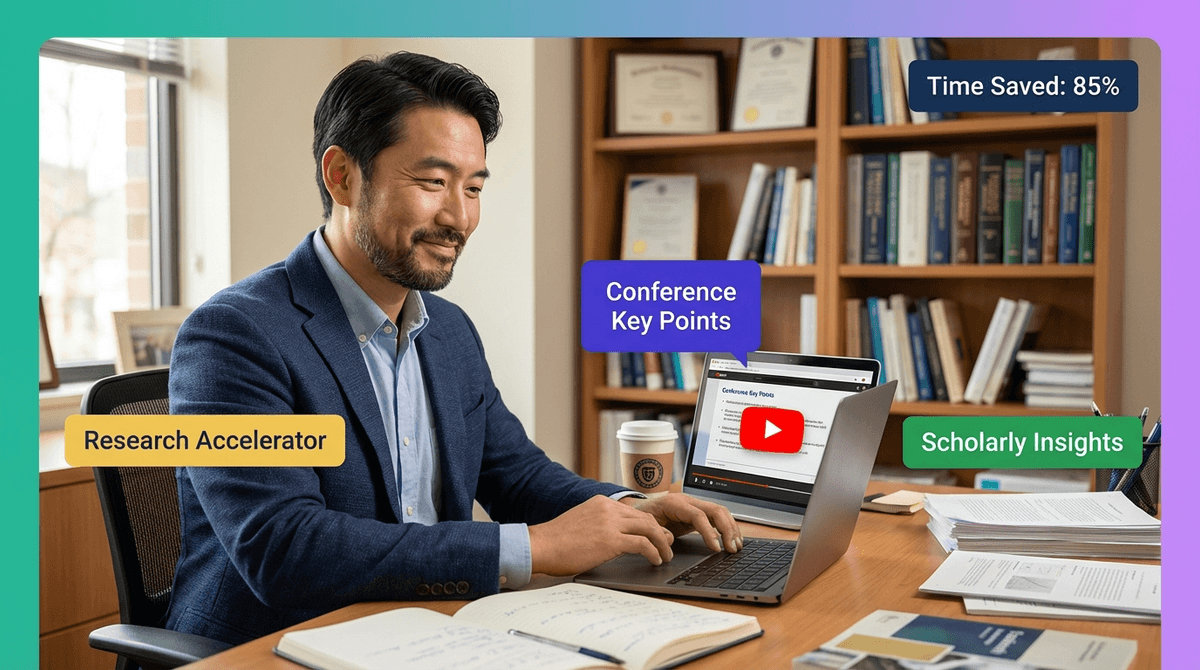 Professional photo of a thoughtful East Asian academic researcher at their desk, reviewing video conference summaries on a laptop with colored information boxes highlighting key research insights in a scholarly office environment.