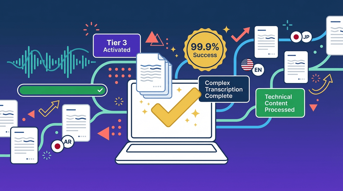 Abstract geometric illustration showing a successful transcription achievement with a laptop, 99.9% success badge, and 'Tier 3 Activated' indicators using brand colors of navy, purple, gold, and green.