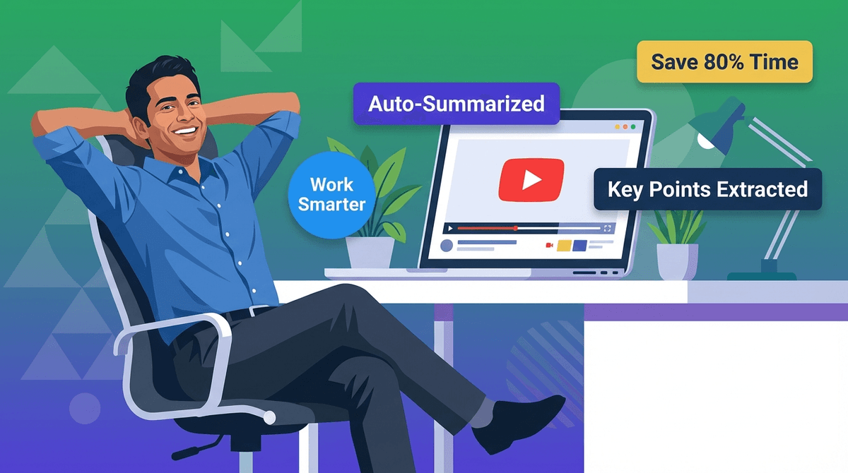 A confident South Asian professional in business casual attire leans back relaxed at a modern office desk, smiling at a laptop showing an auto-summarized webinar with floating colored information boxes highlighting time-saving benefits.