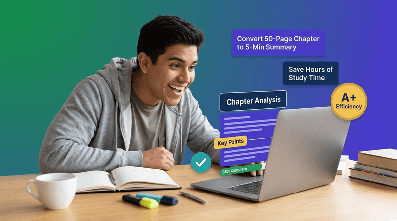 A happy Hispanic college student sits at a bright modern desk, excitedly reviewing chapter summaries on their laptop. The workspace includes a notebook, coffee cup, and textbooks with colorful UI elements showing study efficiency features floating around them.