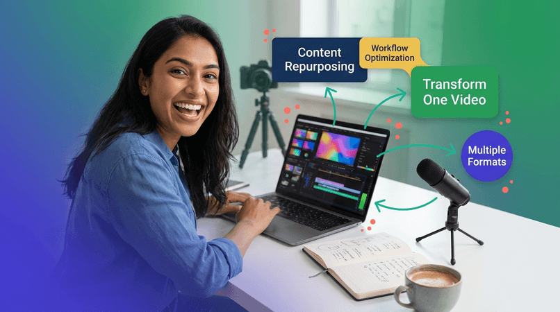 Professional photo of an enthusiastic content creator at their workspace with laptop and planning materials, surrounded by colorful graphic elements highlighting content repurposing benefits in vibrant brand colors.