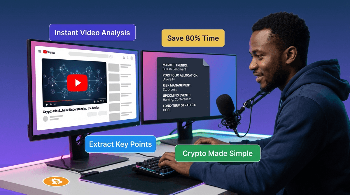 Professional photo of a focused Black male crypto enthusiast in a navy hoodie at a dual-monitor setup showing a YouTube crypto tutorial and summary with key points, surrounded by vibrant brand-colored callout boxes in a tech workspace with subtle RGB lighting.