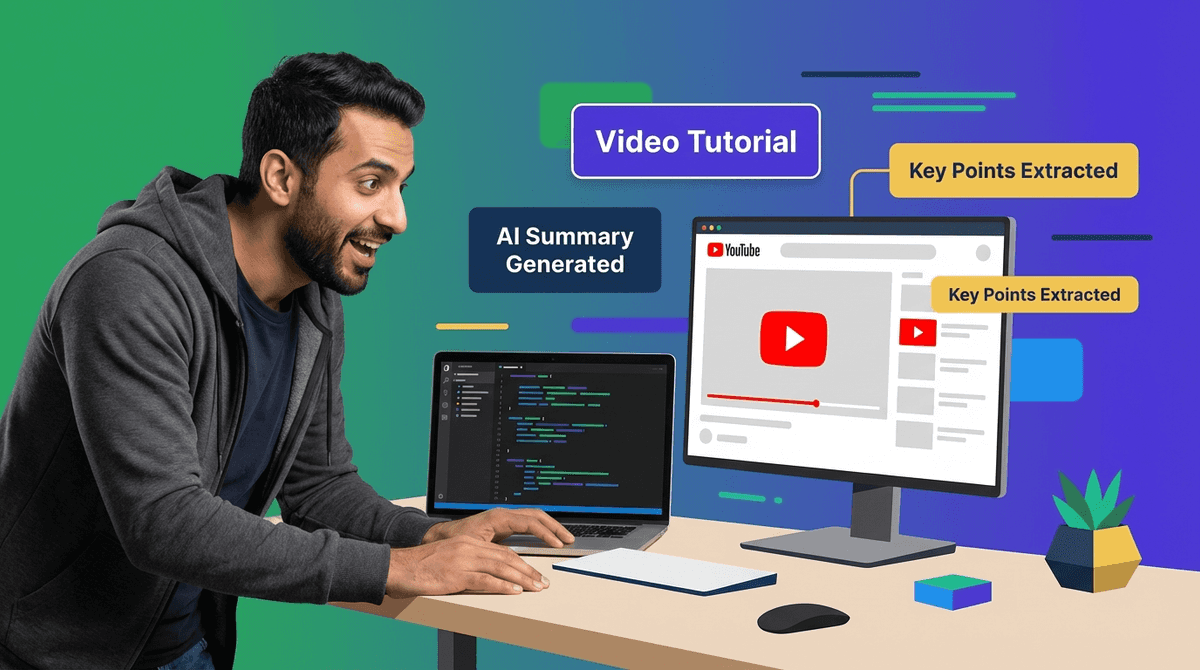 A professional photograph of a focused Middle Eastern developer at a modern workspace with two screens - one showing a dark code editor and another displaying a YouTube tutorial with AI summary highlights in brand colors.