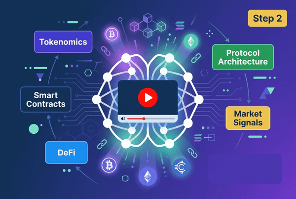 A flat design illustration showing an AI neural network analyzing blockchain video content, with colorful terminology badges floating around including Tokenomics, Smart Contracts, and DeFi, all highlighted with purple and teal glow effects.