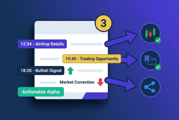 A flat design illustration of a crypto trader's morning routine, showing a clean dashboard with summary highlights, key takeaways, and timestamped insights ready for trading decisions, using purple and teal accents.